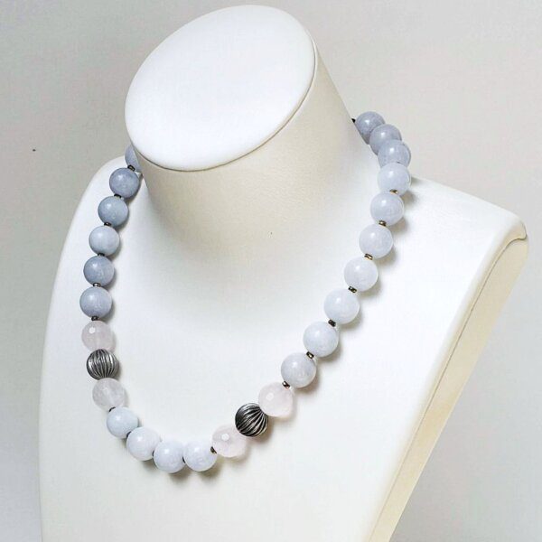 Aquamarine + Rose Quartz Necklace 16" - 18" Adjustable - Image 3