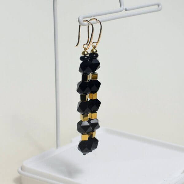 Black Onyx + Hematite Dangle Earrings 3 1/4″ Drop - Image 2