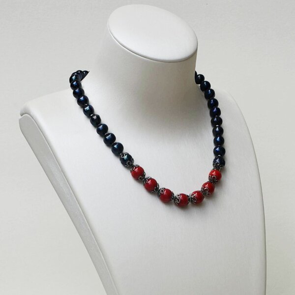 Black Pearl + Red Coral Necklace 16" to 20" Adjustable - Image 2