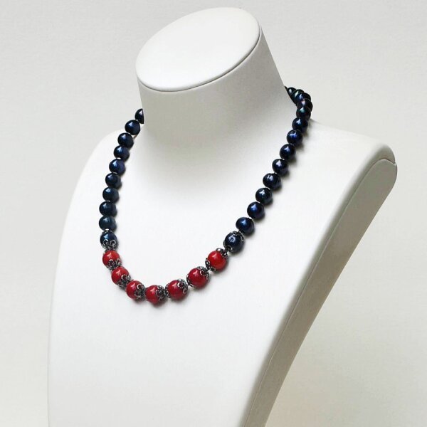 Black Pearl + Red Coral Necklace 16" to 20" Adjustable - Image 3