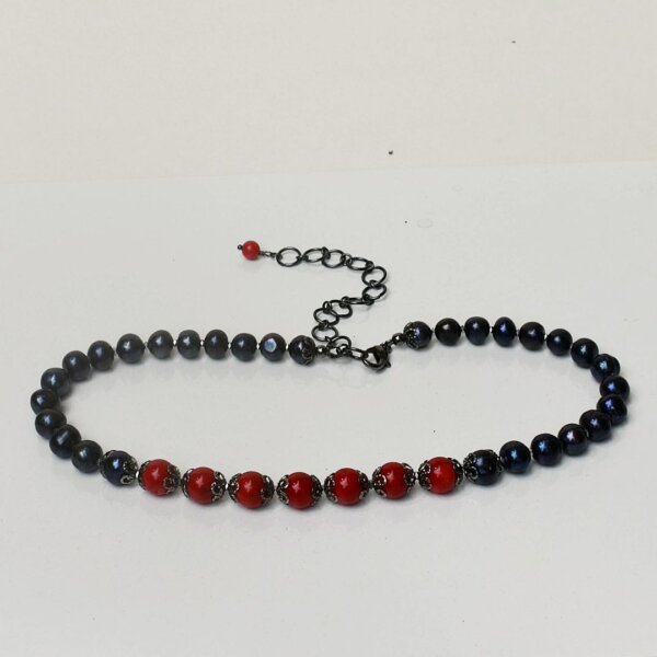 Black Pearl + Red Coral Necklace 16" to 20" Adjustable - Image 6