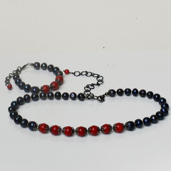 Black Pearl + Red Coral Necklace 16" to 20" Adjustable - Image 7