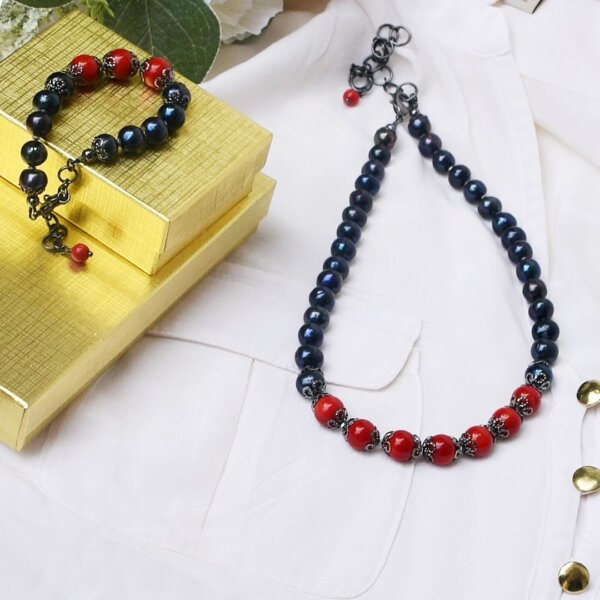 Black Pearl + Red Coral Necklace 16" to 20" Adjustable - Image 8
