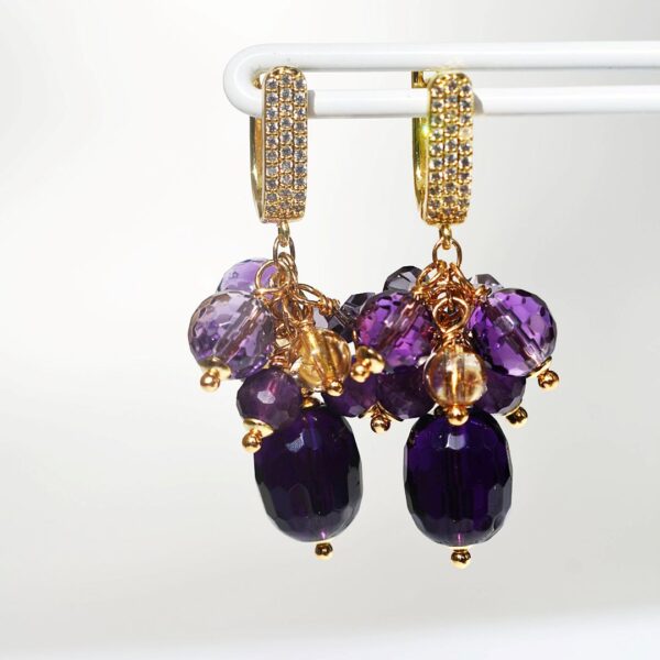 Amethyst + Citrine Cluster Dangle Earrings 1" Drop - Image 2