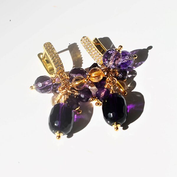 Amethyst + Citrine Cluster Dangle Earrings 1" Drop - Image 5