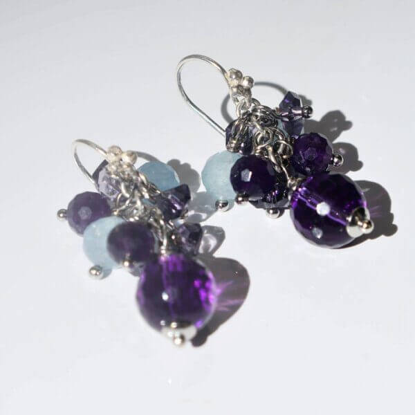 Amethyst + Aquamarine Cluster Dangle Earrings 1" Drop - Image 8