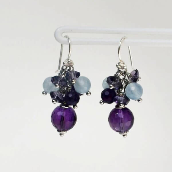 Amethyst + Aquamarine Cluster Dangle Earrings 1" Drop - Image 3