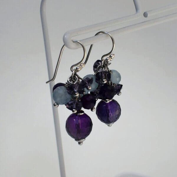Amethyst + Aquamarine Cluster Dangle Earrings 1" Drop - Image 4