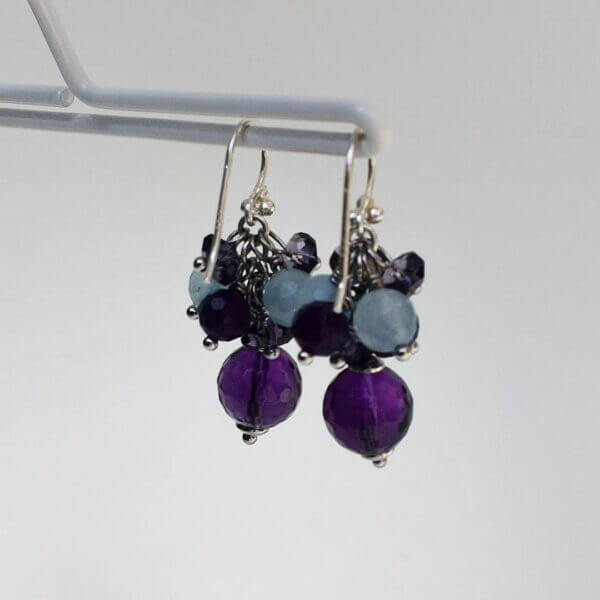 Amethyst + Aquamarine Cluster Dangle Earrings 1" Drop - Image 5