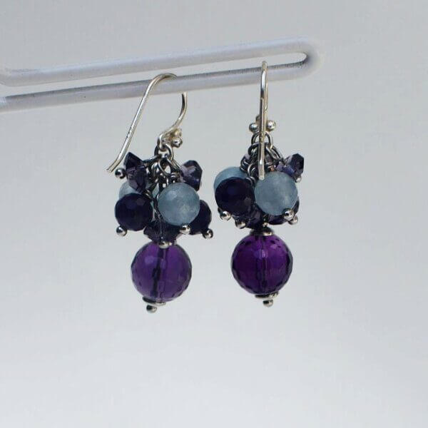 Amethyst + Aquamarine Cluster Dangle Earrings 1" Drop - Image 6