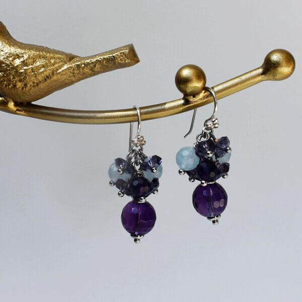 Amethyst + Aquamarine Cluster Dangle Earrings 1" Drop - Image 7