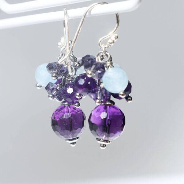 Amethyst + Aquamarine Cluster Dangle Earrings 1" Drop - Image 2