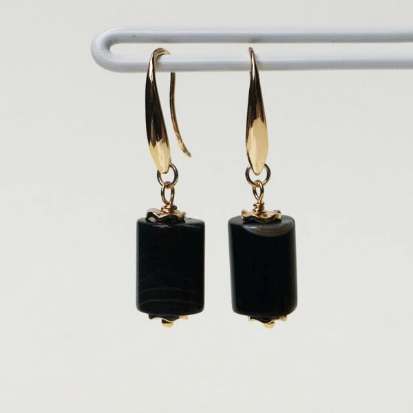 Black Agate Dangle Earrings 3/4" Drop