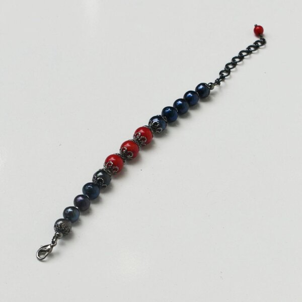 Black Pearl + Red Coral Bracelet 6" to 7" Adjustable - Image 4