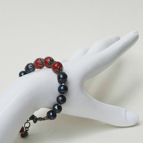 Black Pearl + Red Coral Bracelet 6" to 7" Adjustable - Image 9
