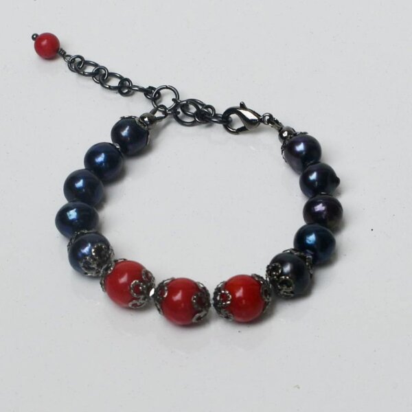 Black Pearl + Red Coral Bracelet 6" to 7" Adjustable - Image 2