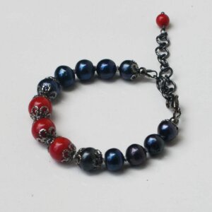 Black Pearl + Red Coral Bracelet 6" to 7" Adjustable