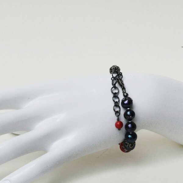Black Pearl + Red Coral Bracelet 6" to 7" Adjustable - Image 6
