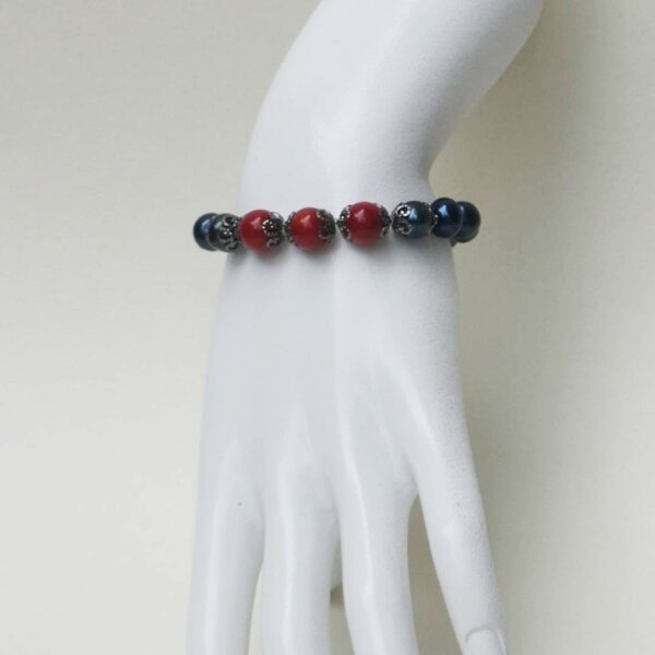 Black Pearl + Red Coral Bracelet 6" to 7" Adjustable - Image 7