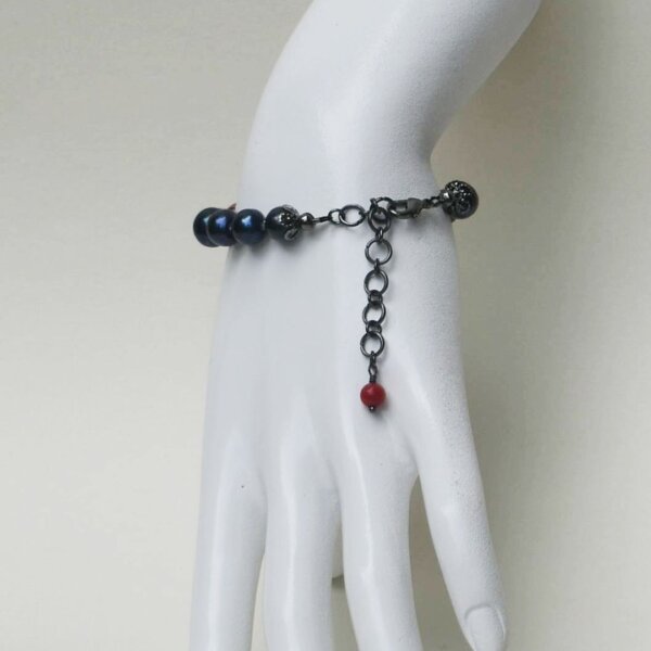 Black Pearl + Red Coral Bracelet 6" to 7" Adjustable - Image 8